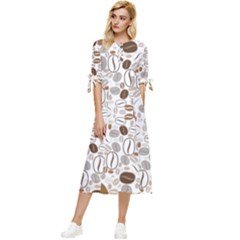 Brown Coffee Beans Pattern Bow Sleeve Chiffon Midi Dress