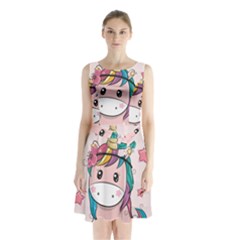 Cartoon Unicorn Fantasy Sleeveless Waist Tie Chiffon Dress