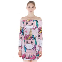 Cartoon Unicorn Fantasy Long Sleeve Off Shoulder Dress by Jancukart