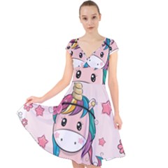 Cartoon Unicorn Fantasy Cap Sleeve Front Wrap Midi Dress