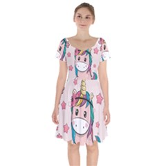 Cartoon Unicorn Fantasy Short Sleeve Bardot Dress