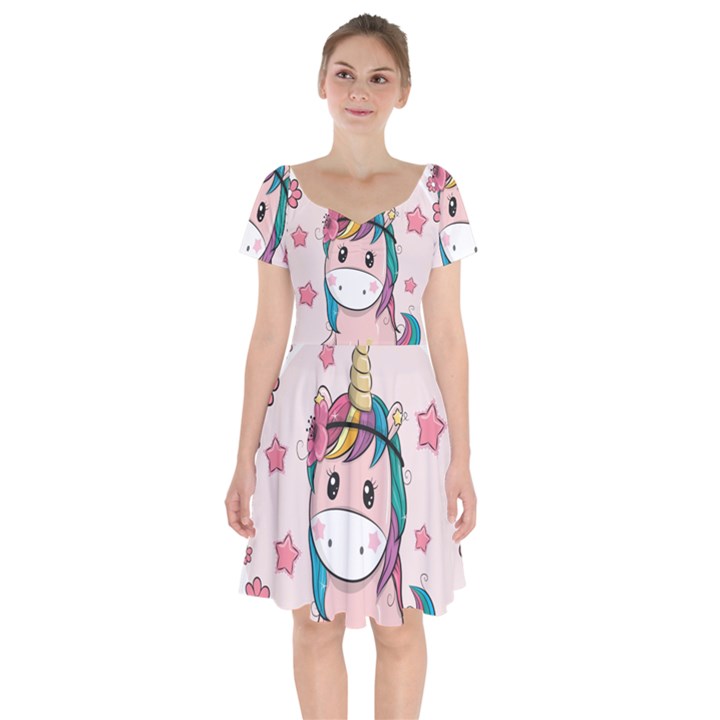 Cartoon Unicorn Fantasy Short Sleeve Bardot Dress