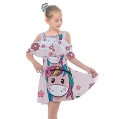 Cartoon Unicorn Fantasy Kids  Shoulder Cutout Chiffon Dress