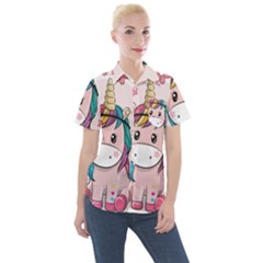 Cartoon Unicorn Fantasy Women s Short Sleeve Pocket Shirt