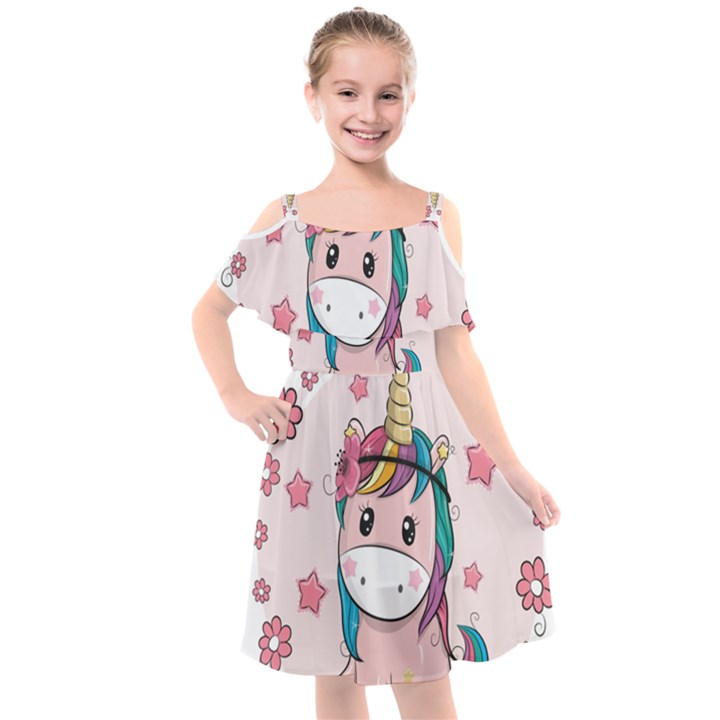 Cartoon Unicorn Fantasy Kids  Cut Out Shoulders Chiffon Dress