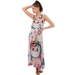 Cartoon Unicorn Fantasy V-neck Chiffon Maxi Dress