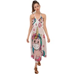 Cartoon Unicorn Fantasy Halter Tie Back Dress 