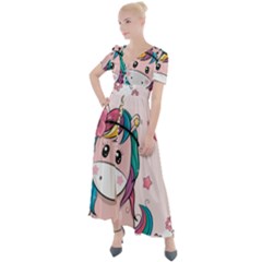 Cartoon Unicorn Fantasy Button Up Short Sleeve Maxi Dress