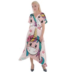 Cartoon Unicorn Fantasy Cross Front Sharkbite Hem Maxi Dress