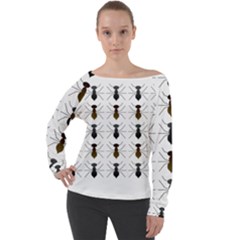 Ant Insect Pattern Cartoon Ants Off Shoulder Long Sleeve Velour Top by Ravend