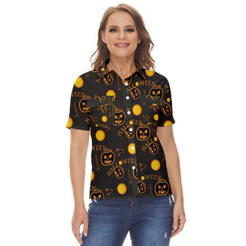 Halloween Background Pattern Women s Short Sleeve Double Pocket Shirt by Ravend