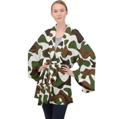 Camouflage Print Pattern Long Sleeve Velvet Kimono  by Ravend