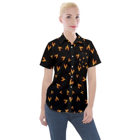 Pattern Flame Black Background Women s Short Sleeve Pocket Shirt by Ravend