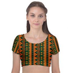 African Pattern Texture Velvet Short Sleeve Crop Top  by Ravend