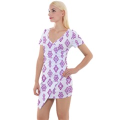 Geometric Pattern Purple Pattern Short Sleeve Asymmetric Mini Dress by Ravend