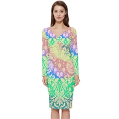 Hippie Fabric Background Tie Dye Long Sleeve V-neck Bodycon Dress  by Ravend