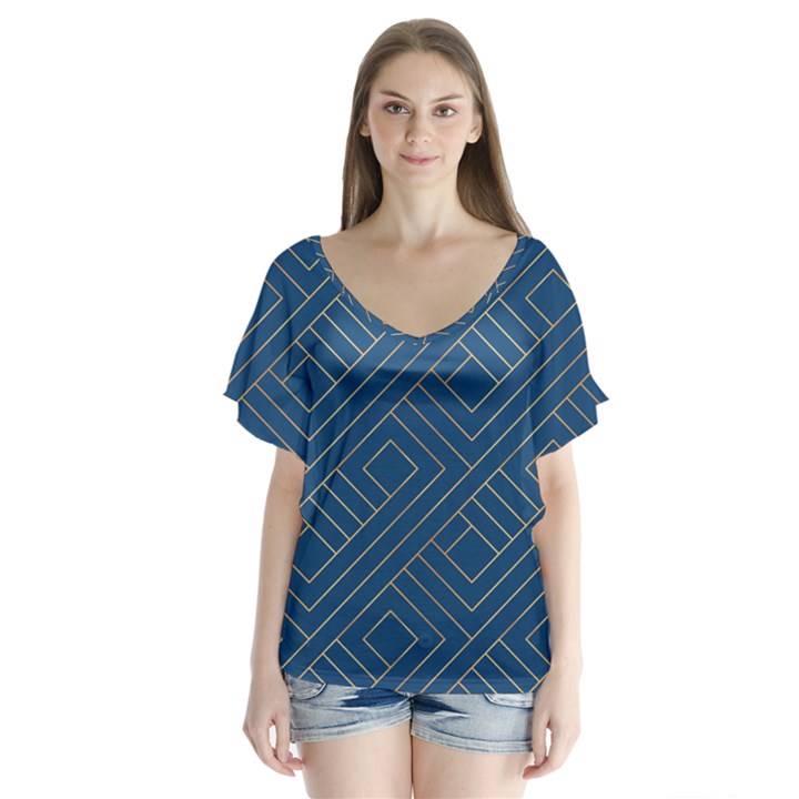 Abstract Geometry Pattern V-Neck Flutter Sleeve Top