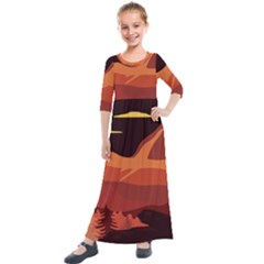 Mountain Forest Full Moon Kids  Quarter Sleeve Maxi Dress by Ravend