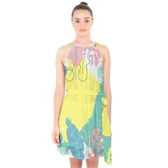 Plants Leaves Border Frame Halter Collar Waist Tie Chiffon Dress by Ravend