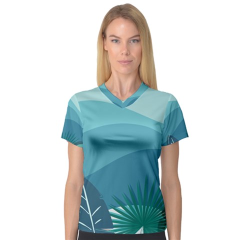 Palm Leaves Waves Mountains Hills V-neck Sport Mesh Tee by Ravend