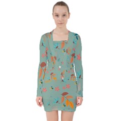 Background Flower Plant Leaves V-neck Bodycon Long Sleeve Dress