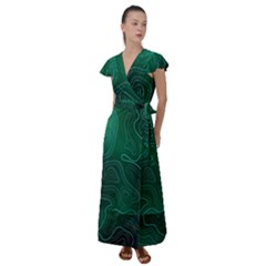 Green Line Shape Stripe Corolla Flutter Sleeve Maxi Dress by Ravend