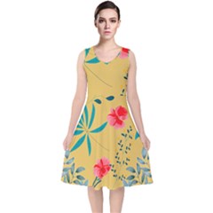 Nature Floral Flower Petal Leaves Leaf Plant V-neck Midi Sleeveless Dress  by Ravend