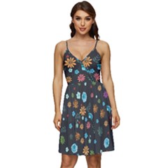 Floral Flower Leaves Background Floral V-neck Pocket Summer Dress  by Ravend