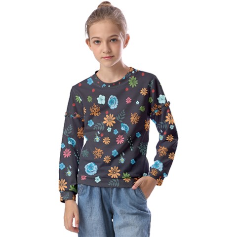 Floral Flower Leaves Background Floral Kids  Long Sleeve Tee With Frill  by Ravend