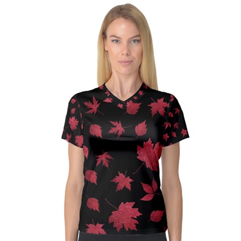 Red Autumn Leaves Autumn Forest V-neck Sport Mesh Tee by Ravend