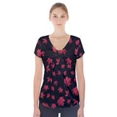 Red Autumn Leaves Autumn Forest Short Sleeve Front Detail Top by Ravend