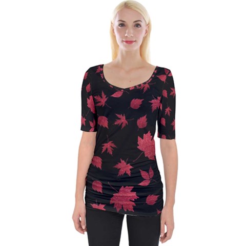 Red Autumn Leaves Autumn Forest Wide Neckline Tee by Ravend