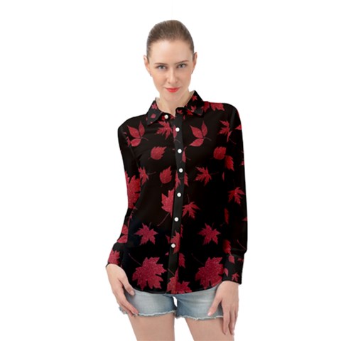 Red Autumn Leaves Autumn Forest Long Sleeve Chiffon Shirt by Ravend