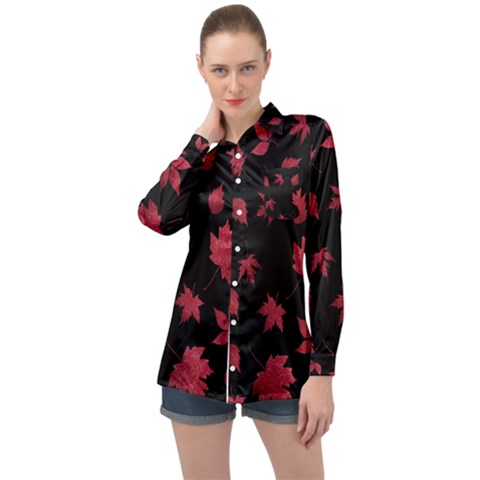 Red Autumn Leaves Autumn Forest Long Sleeve Satin Shirt by Ravend