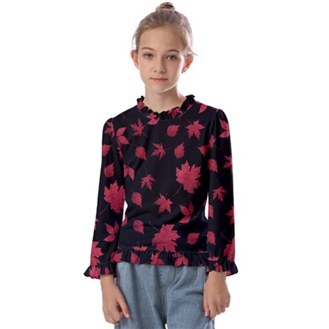 Red Autumn Leaves Autumn Forest Kids  Frill Detail Tee by Ravend