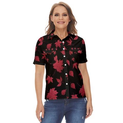 Red Autumn Leaves Autumn Forest Women s Short Sleeve Double Pocket Shirt by Ravend