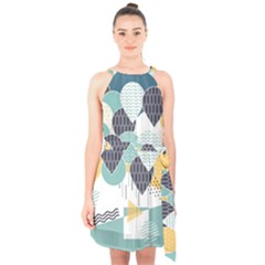 Abstract Balloon Pattern Decoration Halter Collar Waist Tie Chiffon Dress by Ravend