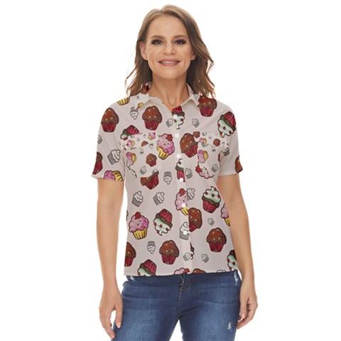 Cake Cupcake Sweet Dessert Food Women s Short Sleeve Double Pocket Shirt by Ravend