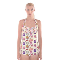 Cupcake Pattern Lollipop Boyleg Halter Swimsuit  by Ravend