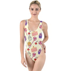 Cupcake Pattern Lollipop High Leg Strappy Swimsuit by Ravend