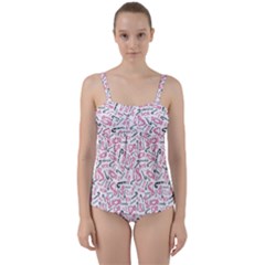 Candy Pink Black-cute Sweat Twist Front Tankini Set by Ravend