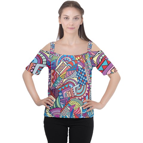 Abstract Art Color Geometry Pattern Cutout Shoulder Tee by danenraven