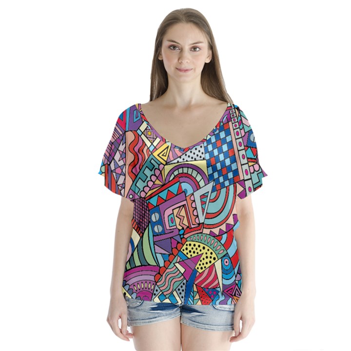 Abstract Art Color Geometry Pattern V-Neck Flutter Sleeve Top