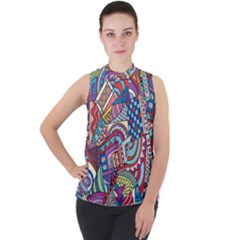 Abstract Art Color Geometry Pattern Mock Neck Chiffon Sleeveless Top by danenraven