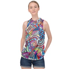 Abstract Art Color Geometry Pattern High Neck Satin Top by danenraven