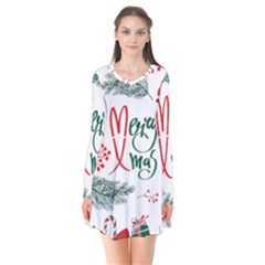 Merry Xmas Seamless Christmas Pattern Long Sleeve V-neck Flare Dress by danenraven