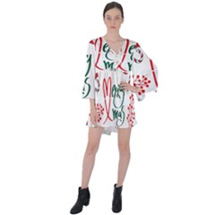 Merry Xmas Seamless Christmas Pattern V-neck Flare Sleeve Mini Dress by danenraven