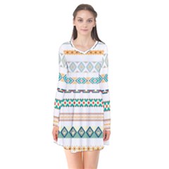 Pattern Colored Line Watercolor Painting Blue Color Splash Long Sleeve V-neck Flare Dress by danenraven