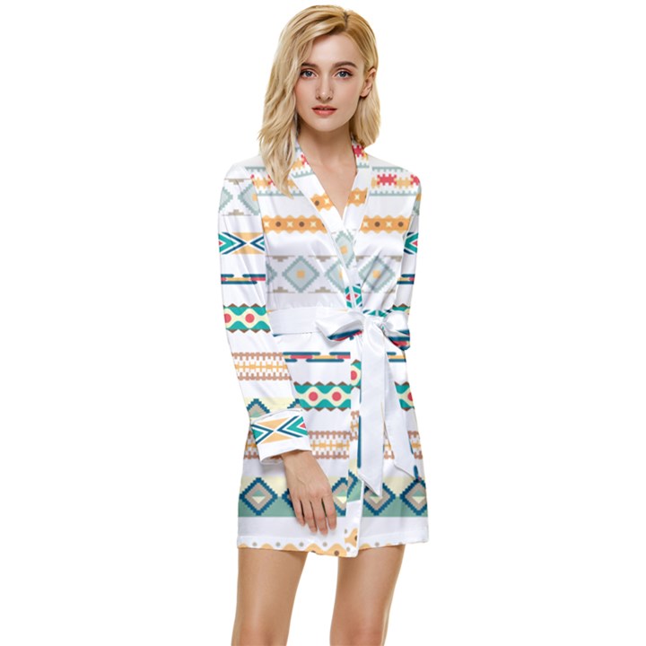 Pattern Colored Line Watercolor Painting Blue Color Splash Long Sleeve Satin Robe