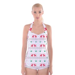 Christmas Illustration Texture Pattern Boyleg Halter Swimsuit  by danenraven